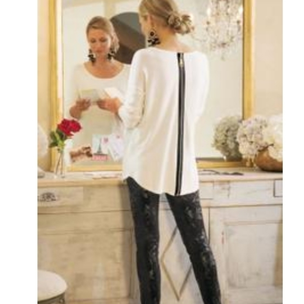 Soft Surroundings White Scoop Neck Sweater with Black Back Stripe
